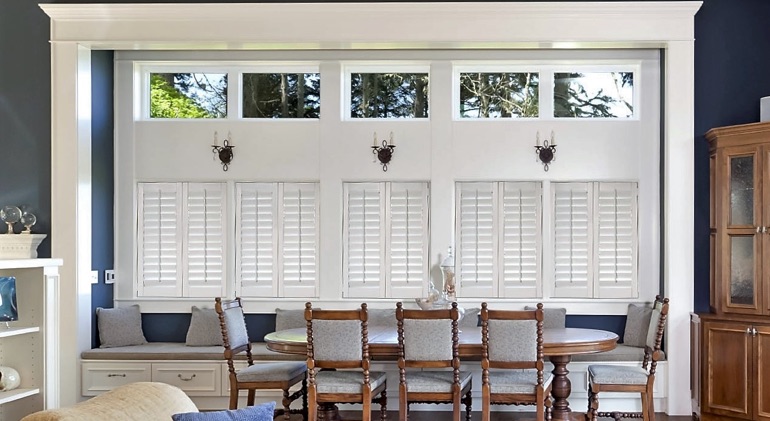 San Diego great room with white plantation shutters.